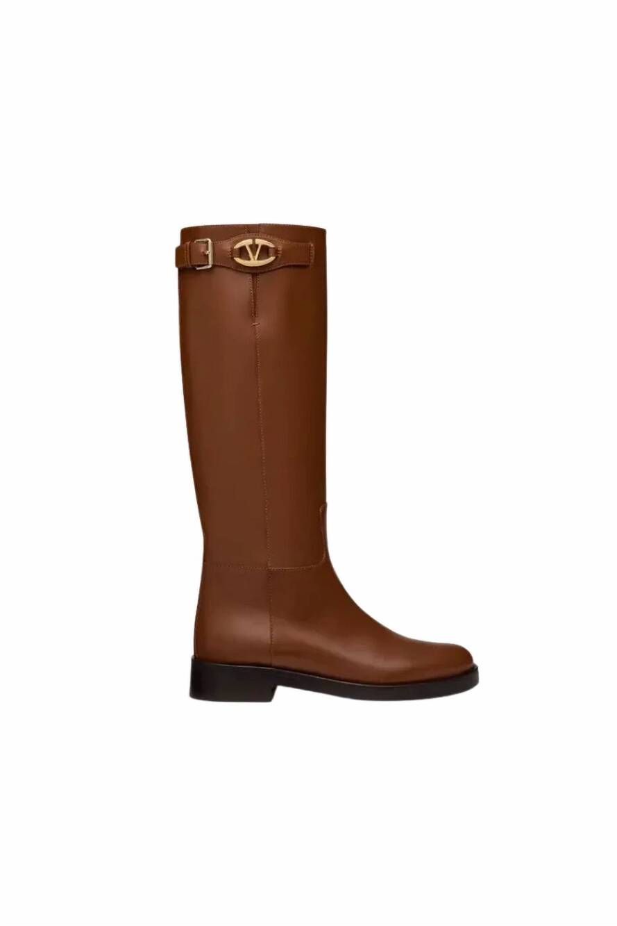 NEW VALENTINO GARAVANI women's v-logo bold edition leather knee boots in tobacco